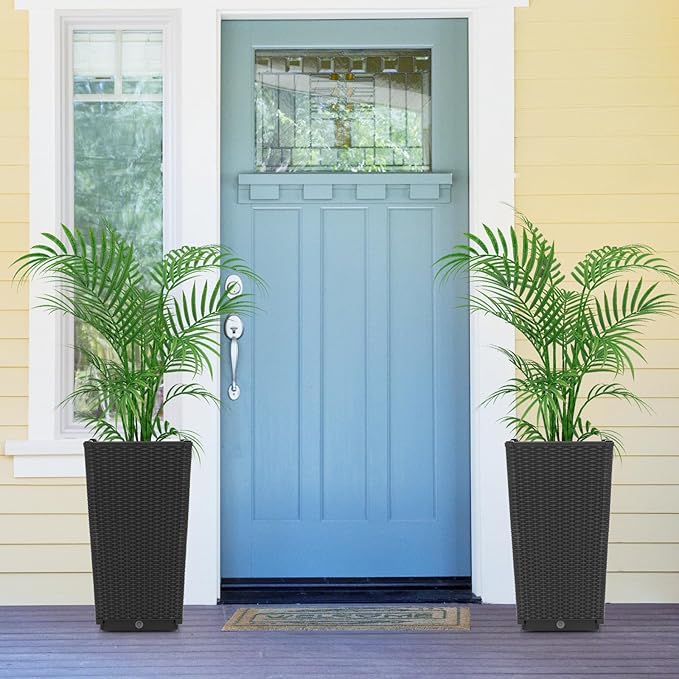 Giantex Outdoor Wicker Flower Pot Set of 2, 22.5 Inch Tall Planters with Drainage Hole, Self-Watering Tray, Rattan Flower Pots, Indoor Outdoor Planter for Porch Door Front Balcony Entryway (Black)