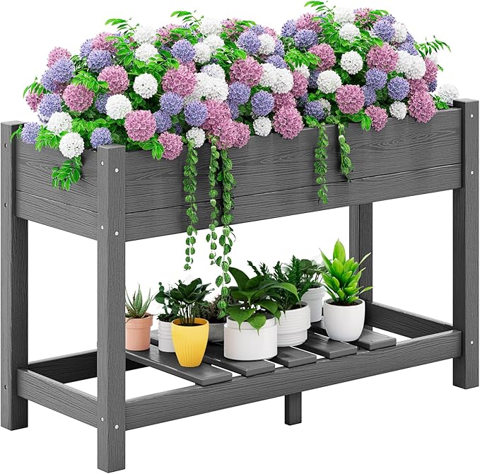 SERWALL Raised Garden Bed with Legs, 43"×17"×30" Large HDPE Elevated Planter Box for Vegetables Flower Herb Patio, All Weather Use- Gray