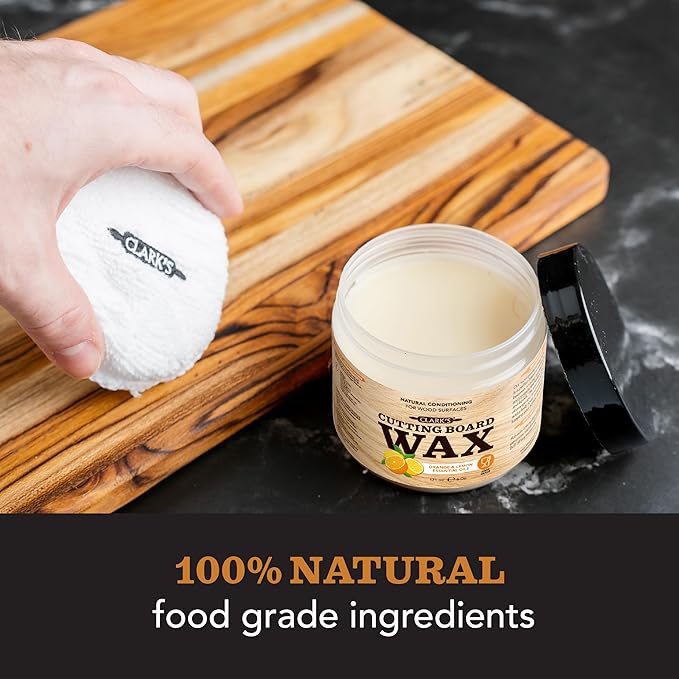 CLARK’S Cutting Board Oil and Wax Kit – Includes Food Grade Mineral Oil (12oz), Finishing Wax (6oz), Applicator, & Buffing Pad to Clean and Protect Wood, Enriched with Natural Lemon & Orange Extract