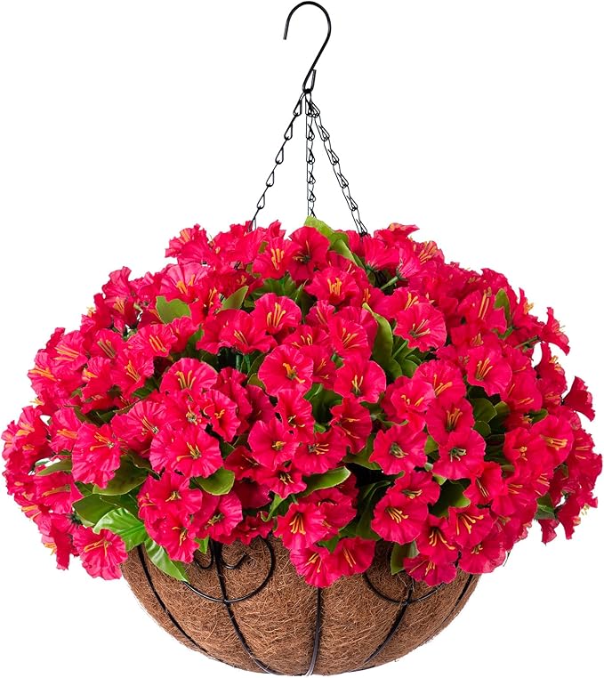 Ammyoo Artificial Hanging Flower Plants with Basket for Outdoor Decoration, Faux Petunias Flowers Fake Morning Glory Planter for Outside Patio Garden Porch Balcony Yard Decor(Rose Red)