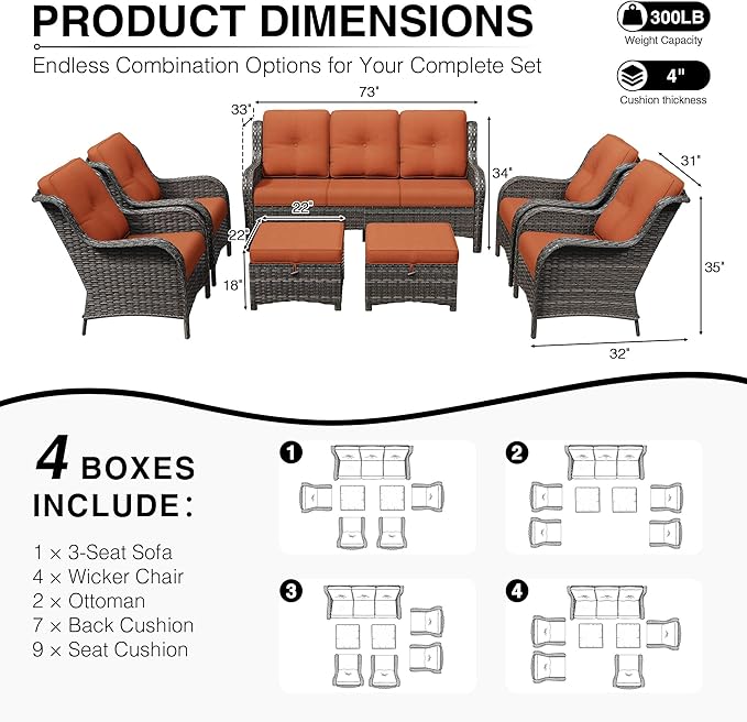 Joyside 7 Piece Wicker Patio Furniture Set, Rattan Patio Chairs with High Back, Deep Seating, Wide Armrest, Thickened Cushions, Outdoor Furniture for Deck, Porch Use