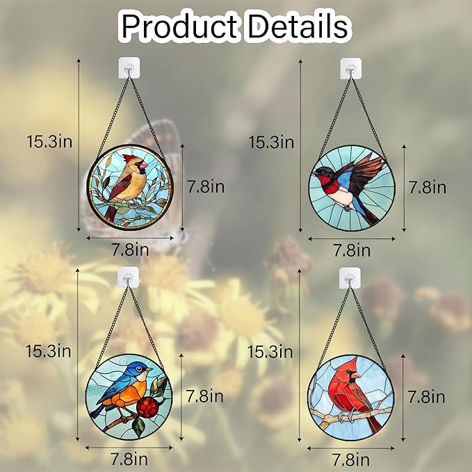 AMDERVEN Stained Glass Window Hanging 4 Pcs Set Cardinal Blue Birds 7.8" - Suncatcher Door Garden Sun Catcher Decor Birthday Mother's Day for Bird Lovers Men Woman Nana Friend