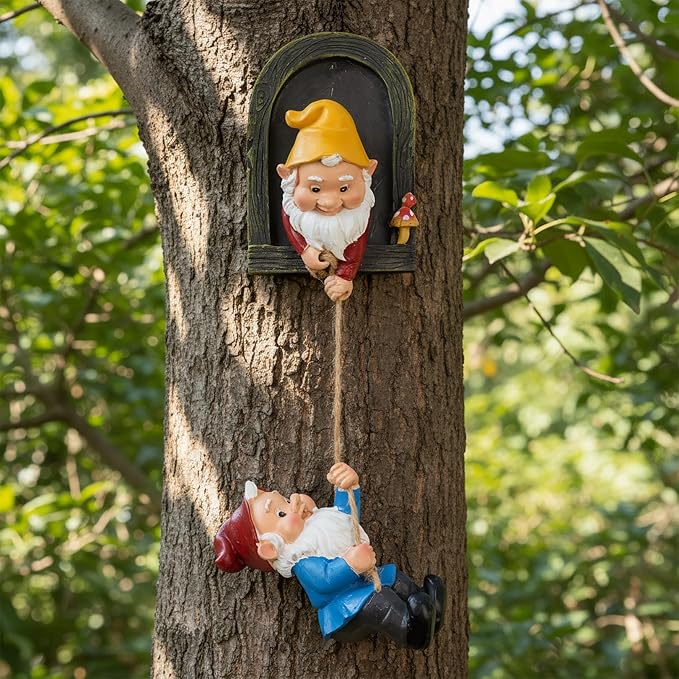 Elenon Climbing Gnomes Tree Faces Decor, Adorable Gnome Tree Hugger Fairy Garden Statue, Funny Peeker Sculpture Outdoor Yard Patio Art (2pcs)