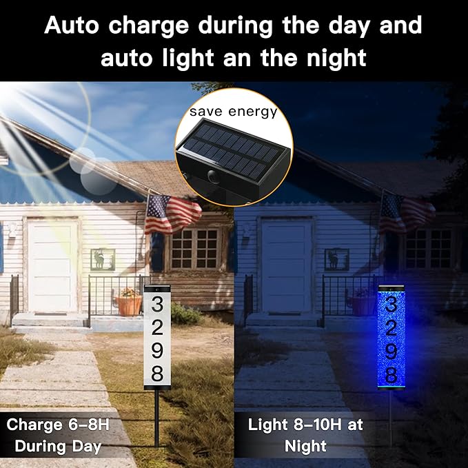 Solar House Numbers for Outside,LED Illuminated Outdoor Solar Address Sign, Acrylics Solar Address Sign with Iron Stakes,Lighted Modern Address Plaque Solar Powered for Street Yard Home（2PCS）