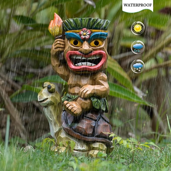 Tiki Outdoor Statue with Turtle Decor - Solar Powered Garden Figurine Tiki Art for Tiki Bar,Backyard,Garden,Yard,Flowerbed,Walkway,Patio,Lawn,Porch Decorations,Gifts