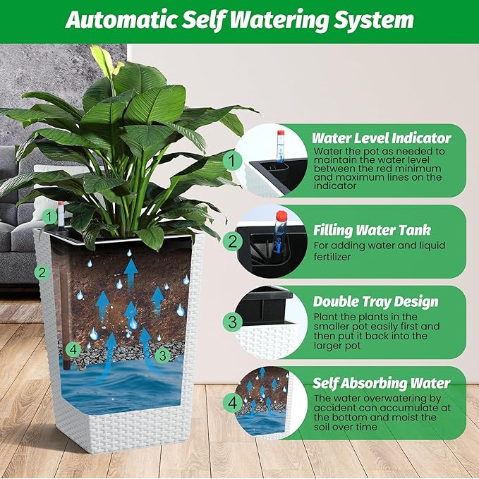 16" Tall Rattan Planter Set of 2, Self Watering Pots with Built-in Drainage and Water Level Gauge, Large Plant Pots for Garden, Patio, Balcony, Lounge, White