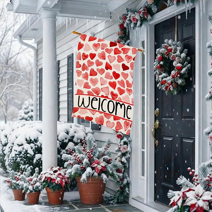 Valentines Love Hearts House Flags for Outdoor Decoration, Welcome Love Hearts Large Yard Flag, Decorative Anniversary Wedding Seasonal Farmhouse Holiday Outside Decor 28x40 Inch Vertical Double Sided