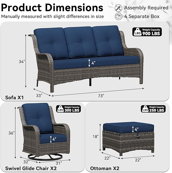 5 Piece Outdoor Wicker Patio Furniture Set, Outdoor Swivel Rocker Patio Chairs Set with Thickened Olefin Cushions, High Back and Deep Seating, Hand-Woven PE Rattan for Porch, Deck