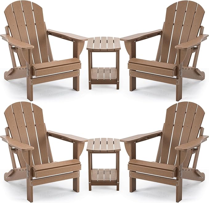 4 Chairs & 2 Tables Folding Adirondack Chair Set with Table – HDPE Weatherproof Outdoor Patio Chairs with Reclining Back and Cup Holders, 2-Tier Storage End Tables for Firepit Garden(Brown)