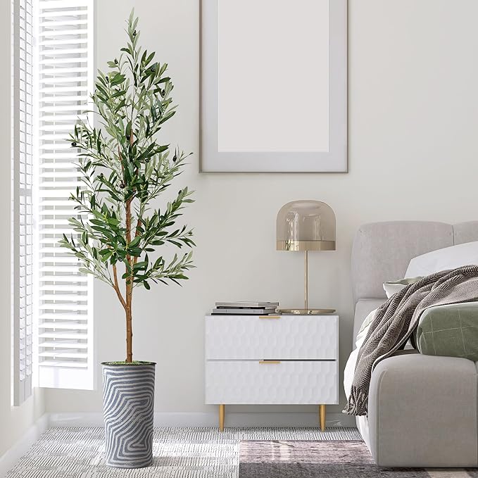 Artificial Tree in Contemporary Geometric Pattern Planter, Fake Olive Silk Tree for Indoor and Outdoor Home Decoration - 68" Overall Tall (Plant Pot Plus Tree)