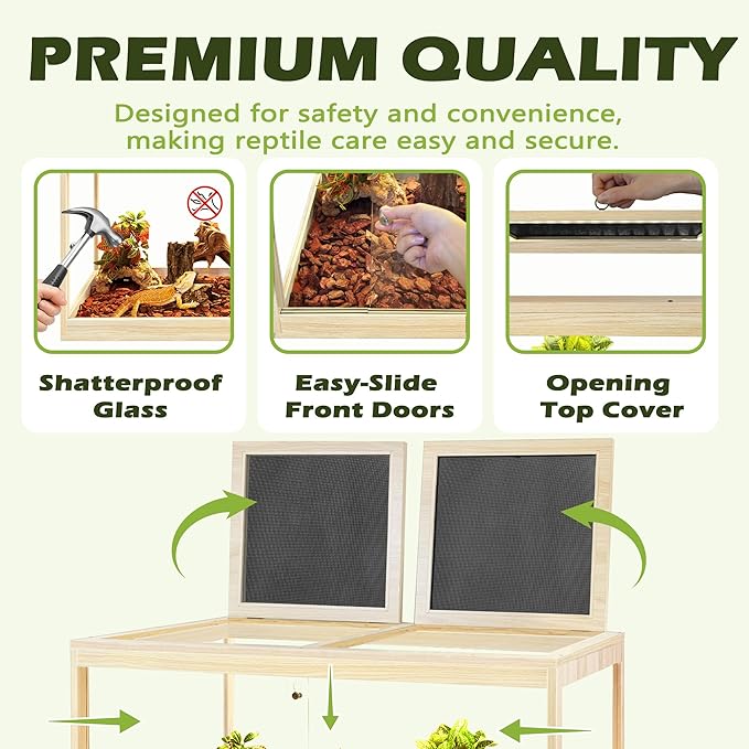 Prolee Tempered Glass Bearded Dragon Tank,Reptile Encloure and Snake Tank with Metal Mesh Roof Door,Locking Design Reptile Tank for Lizard,Gecko,Chameleon (Oak, 32 Gallon (32x16x16 Inch))