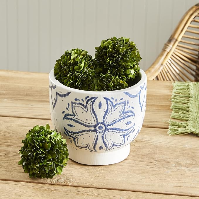 MY SWANKY HOME Mediterranean Blue White Medallion Planter Round Graphic Floret Coastal Pottery Indoor Outdoor 8 in Dia