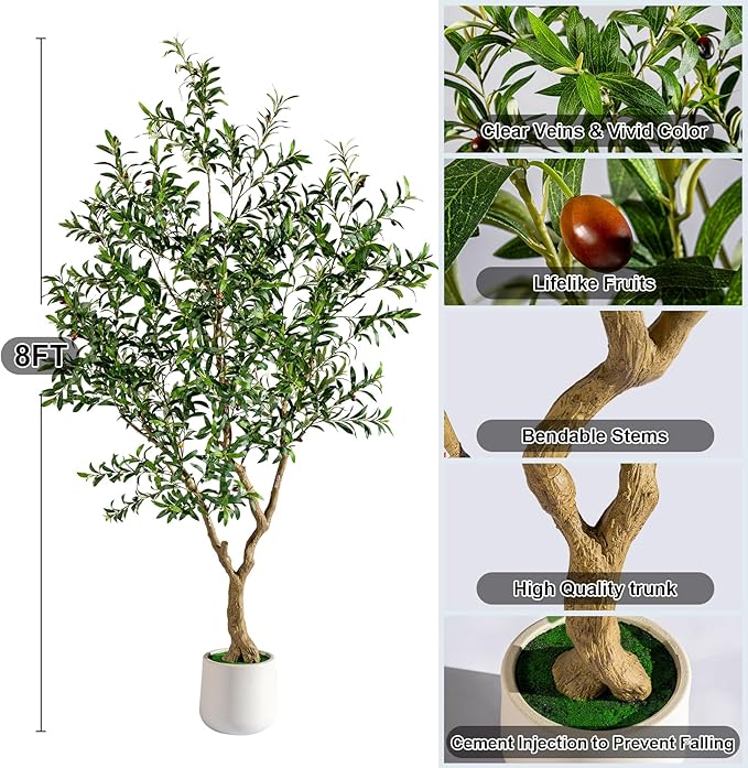 Erimda 8FT Faux Olive Tree with Tall Exquisite Planter Artificial Olive Tree Tall, Potted Fake Olive Plant with 2070 Real Touch Leaves, Indoor Outdoor Home Garden Office Decor