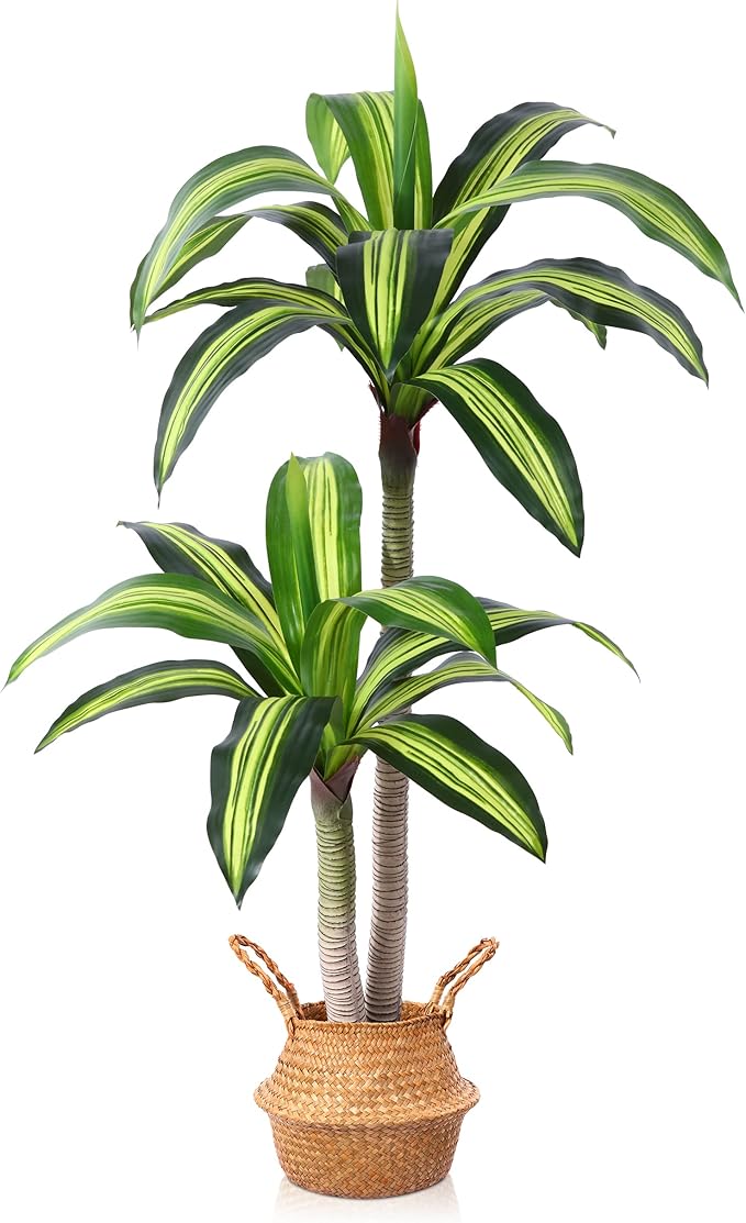 Ferrgoal Artificial Plants, 4 Ft Dracaena Tree Faux Plants Indoor Outdoor Decor Fake Tree with Woven Seagrass Basket Plants for Home Decor Office Living Room Porch Patio Housewarming