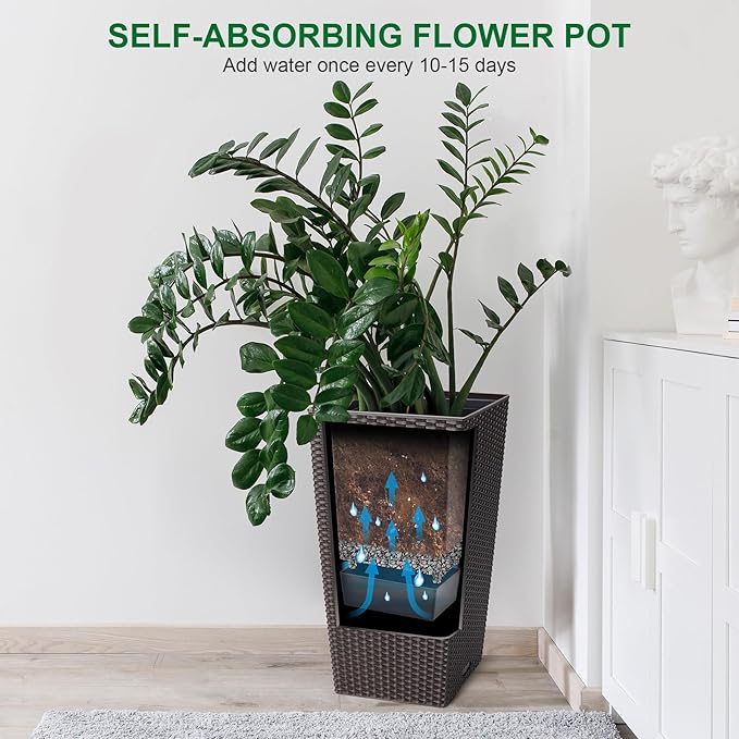 22.5 Inch Tall Planter Set of 2 Large Rattan Flower Pot with 2 Trays & a Water Level Monitor & Wheels Outdoor and Indoor for Patio, Porch, Living Room, or Home Office, Dark Brown