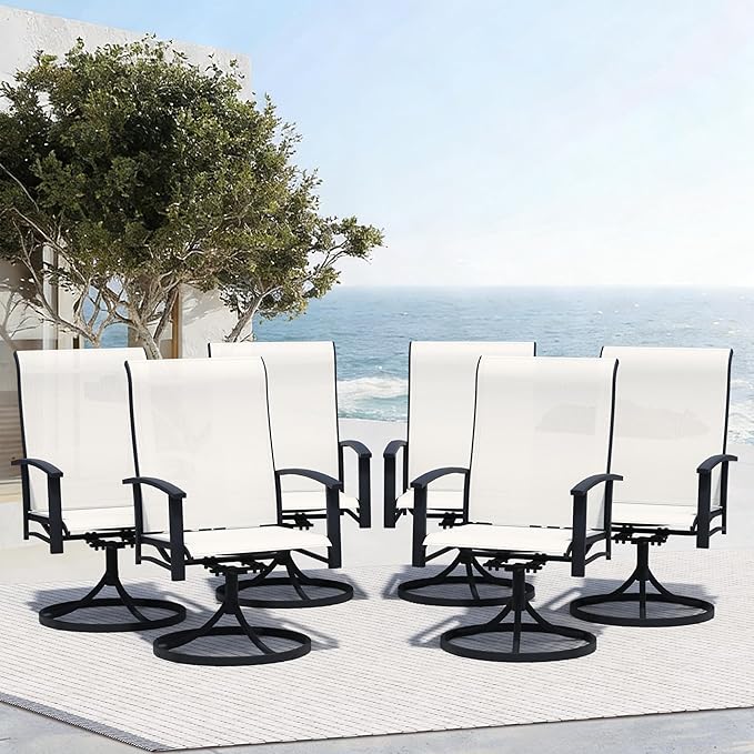 Outdoor Swivel Dining Chair Set of 6, All Weather Patio Dining Chair with Textilene High Back and Metal Frame for Backyard, Lawn Garde and Deck, Oyster Beige