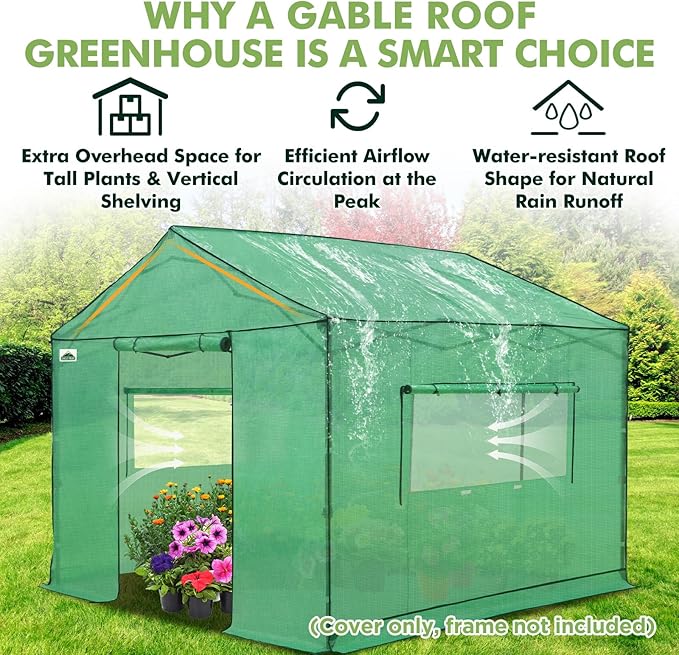 EAGLE PEAK Replacement Cover for 10x10 Gable Roof Pop up Greenhouse, Front and Rear Roll-Up Zipper Entry Doors and 2 Large Roll-Up Side Windows (Frame Not Included), Green