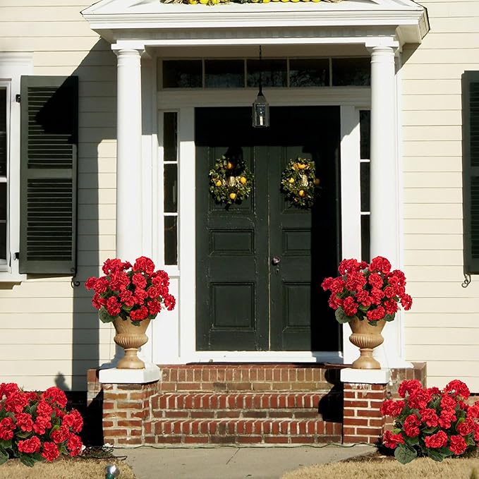 Uqueeten 4pcs Fake Flower Artificial Geranium,Artificial Flowers for Outdoors ，Geraniums Artificial Flowers Realistic,Artificial Geraniums for Outdoors Fake Plant Decoration(Red) 14.4"