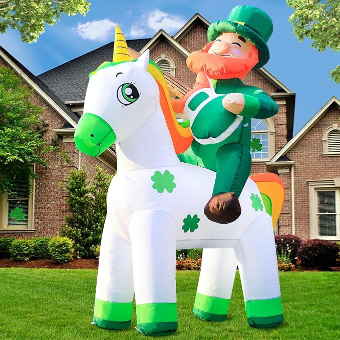 DomKom 5ft St. Patricks Day Inflatables Leprechaun Riding Unicorn Playing Guitar Blow Up LED Lighted Decor for Indoor Outdoor Lawn Yard Garden Patio Holiday Art Decor