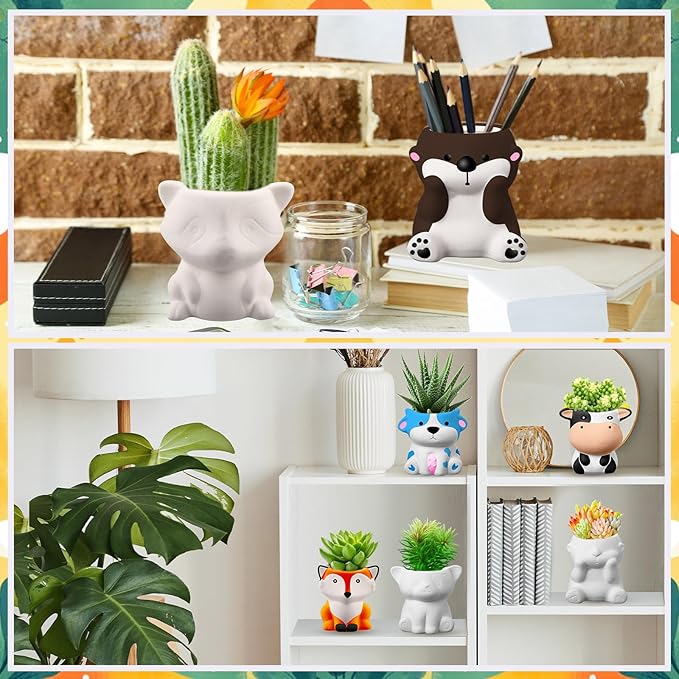 Ninehaoou 6 Sets Ceramic Succulent Pots with Drainage Color Paints Paintbrushes Palettes Paintable Succulent Flower Pots DIY Figurines Paint Craft Kit for Classroom(Classic Animal)