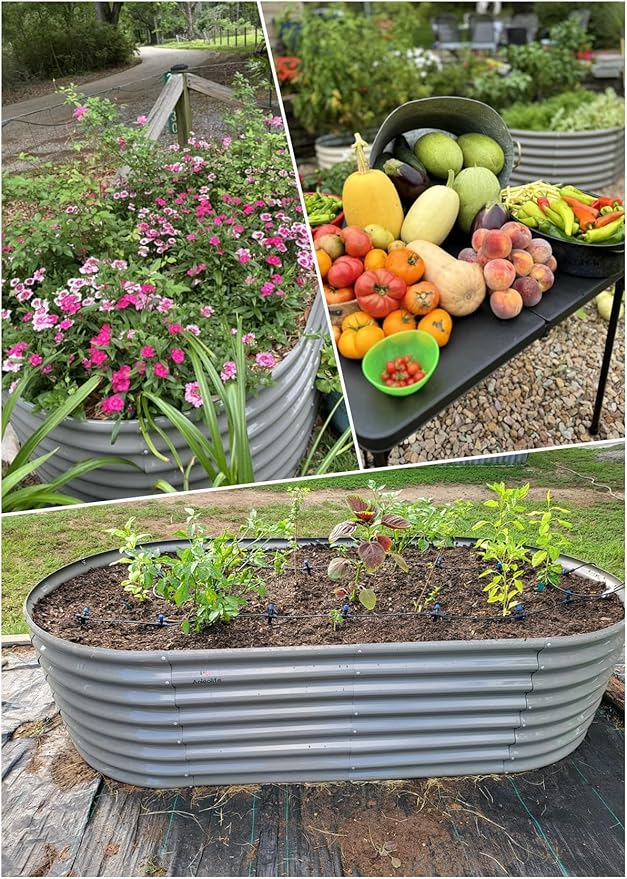 A ANLEOLIFE 6-Set 8X4X2 ft Galvanized Raised Garden Bed Kit, Oval Metal Deep Root Planters for Outdoor Plants, Quartz Grey