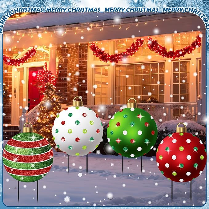 Nuanchu 4 Pcs Metal Christmas Balls Yard Signs Glitter Xmas Yard Sign Stake 21.3 Inches Xmas Waterproof Lawn Signs Christmas Outdoor Decorations for Outside Garden Patio Holiday Home Party Decor