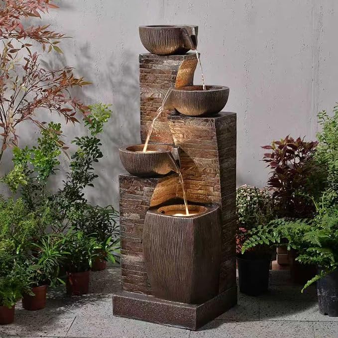 Water Fountain Outdoor Garden,38.2" Tall Modern Freestanding 4 Tiers Indoor Waterfall Fountain with LED Lights for Patio, Balconies, Lawns, Deck, Porch Backyard and Home