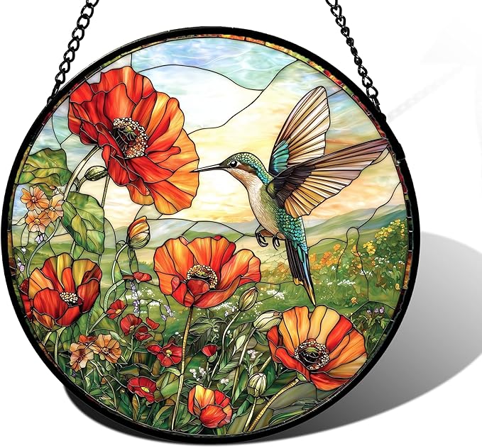DASTOLL Stained Glass Window Hanging, Hummingbirds Orange Flowers Suncatcher Diamond Glass Panel Hangings Sun Catchers Decor for Birthday for Women, Men, Wife, Aunt, and Mom 11.8 in