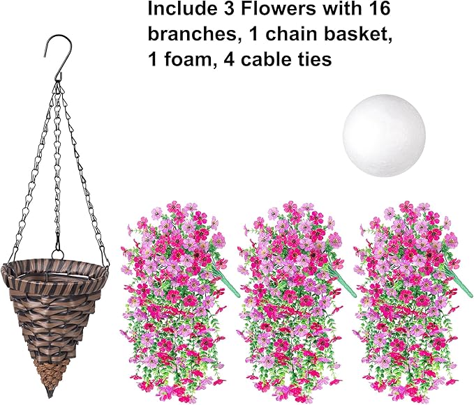 HyeFlora Artificial Hanging Flowers Basket for Outdoor, Fake Flowers Faux Plants Look Real for Yard Gardens Porch Patio Home (Purple+Hotpink)