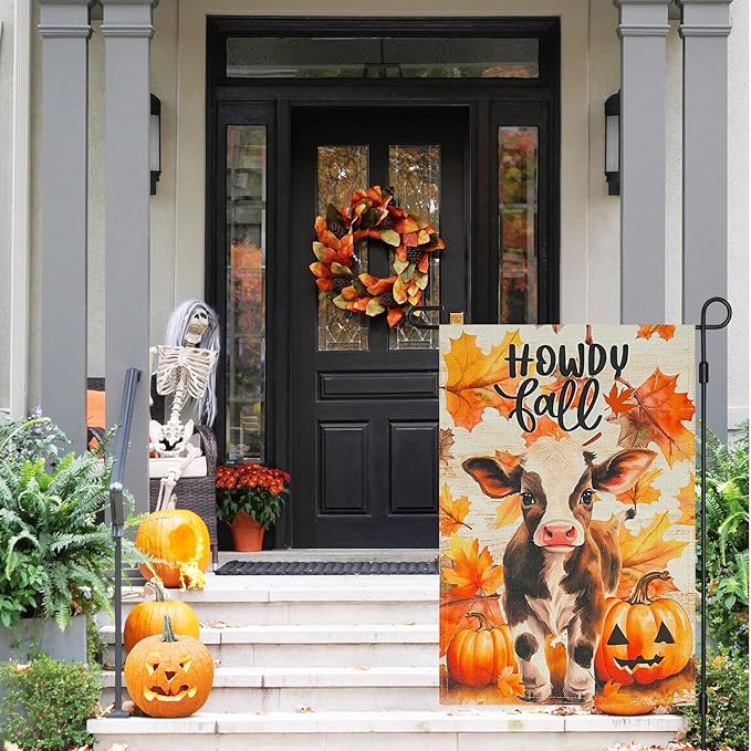 Halloween Howdy Fall Cute Cow Burlap Garden Flag,12x18 Inch Double Sided Pumpkins Maple Leaf Outside Small Yard Outdoor Flags, Holiday Autumn Thanksgiving Seasonal Porch Decoration
