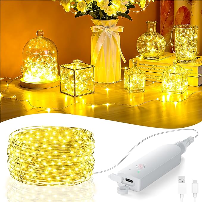 Fairy Lights Battery Operated, Rechargeable String Lights with Timer, Mini Waterproof LED Twinkle Lights for Bedroom, Christmas Decorations, Wedding Party Decor (Warm White, 5M/16FT)