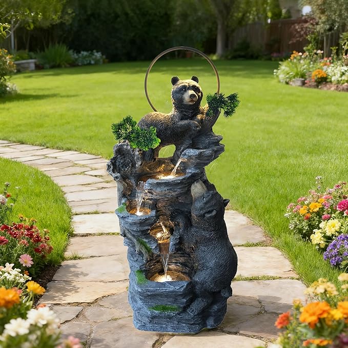 38.2" H Bear Outdoor Fountain with LED Lights and Five Tiered Waterfall Water Features,Suitable for Courtyard,Gardenand Indoor Decoration