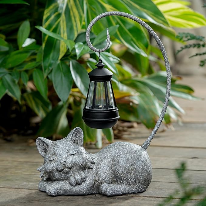 WSgift Outdoor Cat Figurine Garden Statue with Solar-Powered LED Light 13.77 Inches Tall Gift Garden Statue Decor for Cat Lovers Marbled