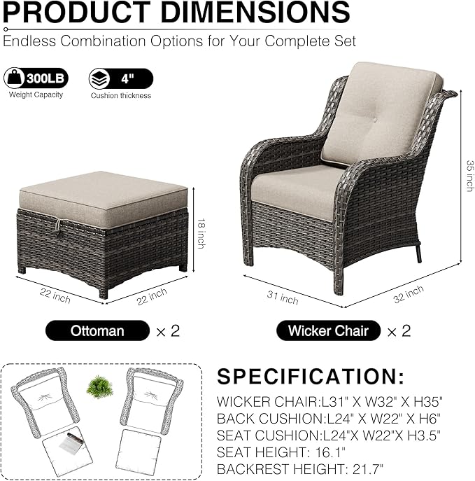 Joyside 4 Piece Wicker Patio Furniture Set, Rattan Patio Chairs with High Back, Deep Seating, Wide Armrest, Thickened Cushions, Outdoor Furniture for Deck, Porch Use