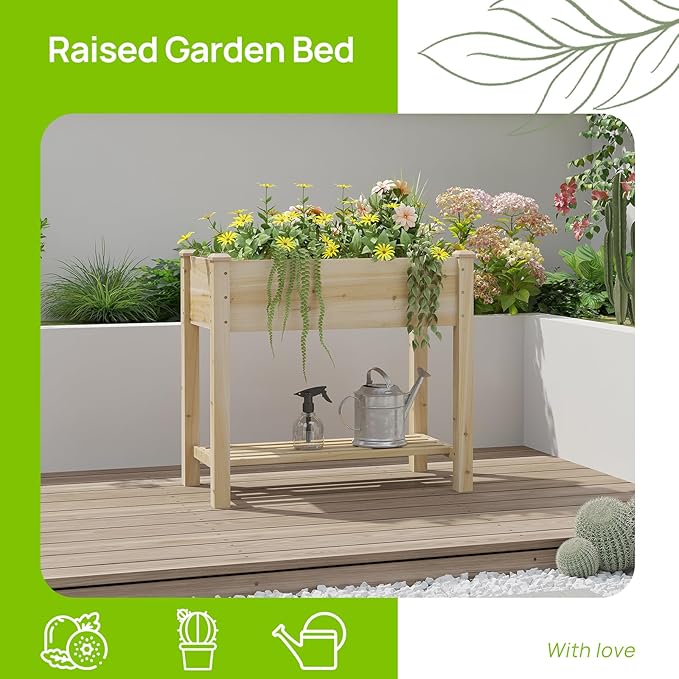 Raised Garden Bed, Planter Box with Storage Shelf, Elevated Wooden Planter Box with Legs, Garden Planter for Backyard, Patio, Balcony, Natural Wood (Natural, S)