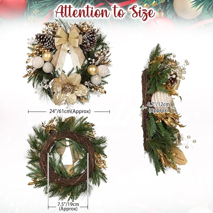 24” Champagne Christmas Wreaths for Front Door with Magnolia Fake Pearl, Christmas Door Wreath with Bow Golden Balls, Pine Needles Pine Cones for Home Wall Window Indoor Outdoor Xmas & Holiday Decor