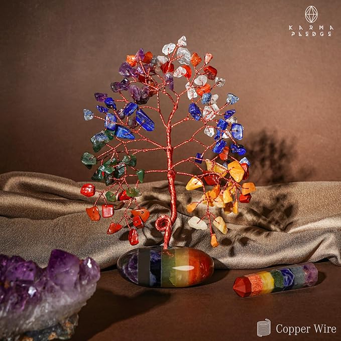 Crystal Tree of Life Home and Office Feng Shui Decor, 7 Chakara Healing Crystal Handmade Bonsai Tree for Positive Energy, Good Luck, Money, Christmas Decor, Birthday Gifts for Women, Mom