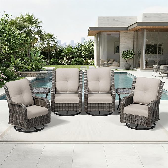 Joyside 6 Piece Wicker Patio Furniture Set, Outdoor Swivel Rocker Patio Chairs with High Back, Deep Seating, Wide Armrest, Thickened Cushions, Outdoor Furniture for Deck, Porch Use