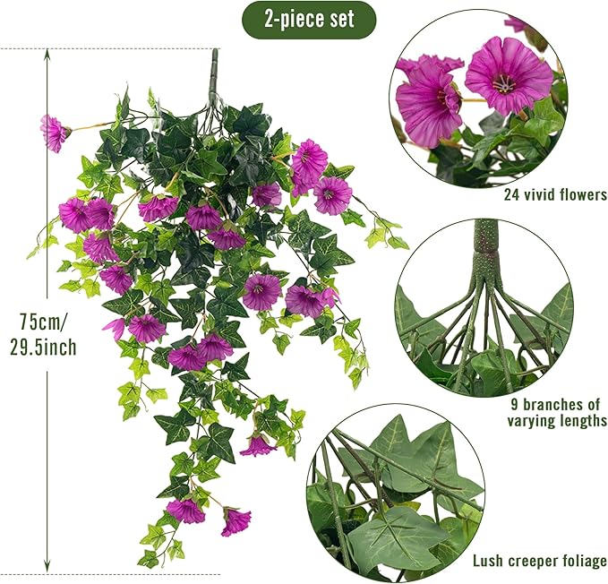 Ttranewsoo Artificial Flowers Faux Outdoor Plants Artificial Petunias for Outdoors Uv Resistant Fake Petunias Plants Hanging Flower Patio Decor Outside Basket Realistic Silk Plant No Pot(Purple 2pcs)