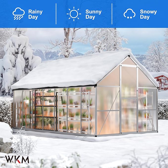 WKM Greenhouse for Outdoors - 8x14 FT, Quick-fit Structure with Window for Ventilation, Polycarbonate Aluminum Frame, Silver