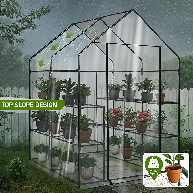 Outvita Walk-in Greenhouse, Outdoor Durable PVC Plant Green House for Frost Protection with 3 Tiers 8 Shelves, Shelf Clips, Roll-up Zipper Door, 56"x56"x77" Transparent