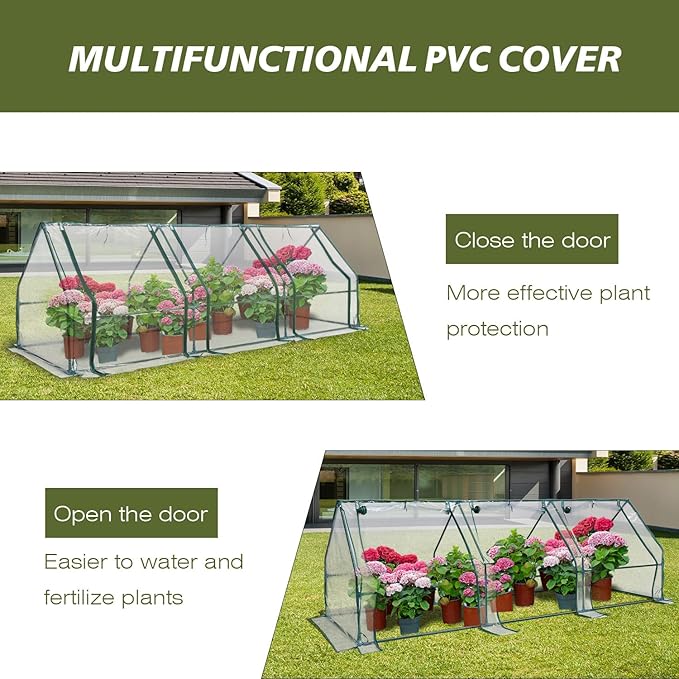 Aoodor 9 x 3 x 3 ft Mini Greenhouse with 3 Zipper Doors, Water-Resistant, UV-Protected for Flowers, Vegetables, and Herbs, Transparent