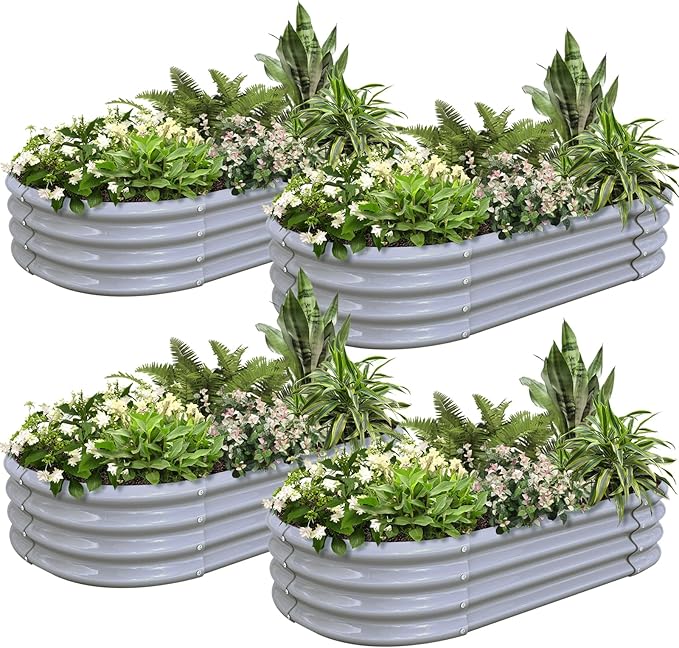 4 Pack 4x2x1FT Galvanized Raised Garden Bed Kit Oval Metal Ground Planter Box Outdoor Bottomless Planter Raised Beds for Vegetables Flowers Herbs Fruits, Gray