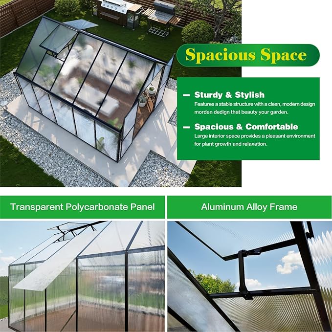 8x10 FT Greenhouse for Outdoors, Polycarbonate Green House with Adjustable Roof Vent and Rain Gutter, Aluminum Large Walk-in Greenhouse with Quick Setup Structure for Outside Garden Backyard Patio