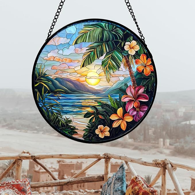 DASTOLL Stained Glass Window Hanging, Colorful Landscape Suncatcher for Doors Home Sun Catchers Decoration and Christmas, Mother's Day Birthday Gifts for Women, Men, and Mom 14.9x14.9 in