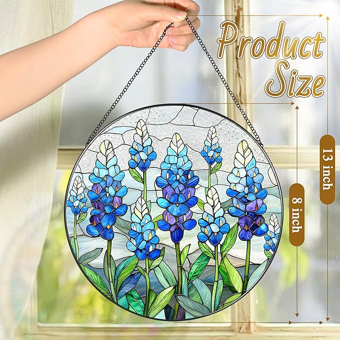 LAOWEIKI 8'' Texas Bluebonnet Sun Catcher Ornament, Stained Glass Window Hanging, Suncatchers for Windows Hanging Ornaments, Window Decor | Flower Lover Gift, Gifts for Mom Grandma