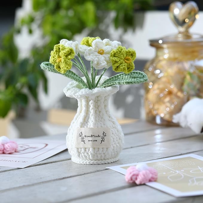 YOOJEE Forget-Me-Not Crochet Flower Potted Plant – Handmade Desk Decor, 7 Bloom Crochet Flowers in Fresh Green Shades