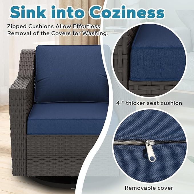 6 Pieces Patio Conversation Furniture Set - 2 Sofas, 2 Swivel Chairs, 2 Ottomansm, Outdoor Wicker Furniture with Removable Cushions for Porch, Balcony, Sunroom (Blue)