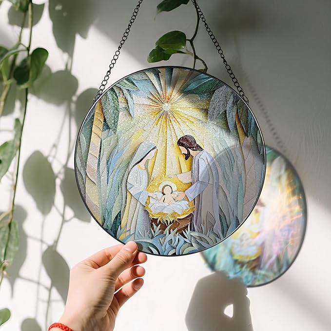 Stained Glass Suncatcher, Nativity Scene Sun Catcher Ornament; Stained Glass Window Hanging, Christmas Ornament, Holy Family Decoration; Christian Gifts, Religious Gifts, Christian Holiday Decor