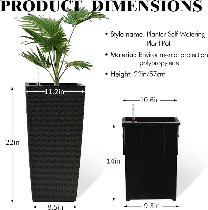 Vigo huseeo 23in Tall Planter Set of 2, Large Self Watering Pots for Indoor/Outdoor Plants with Drain Holes, Water Level Monitor, Inner Bucket for Front Porch Patio, Black Rattan